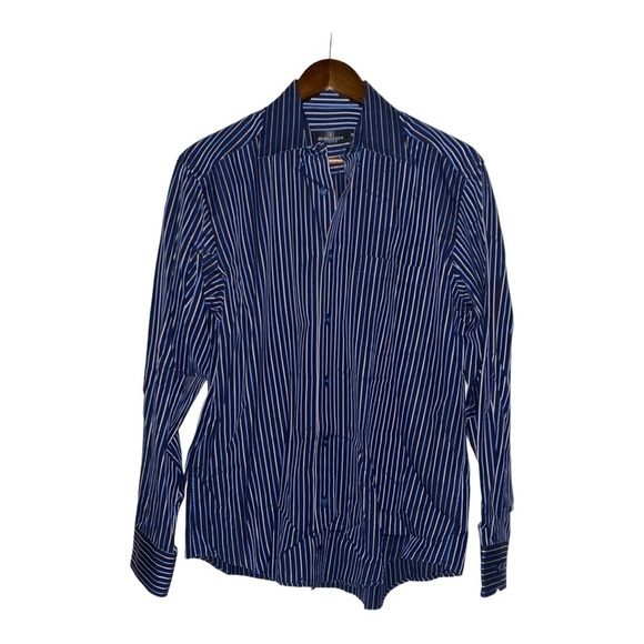 Bugatchi Uomo Classic Fit‎ Men M Navy Stripe Shirt Business Office Work Career - Picture 1 of 7